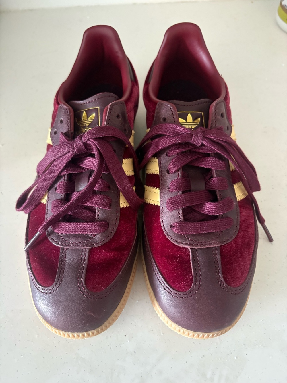 adidas Burgundy & Gold Samba-Inspired Leather Suede Sneakers